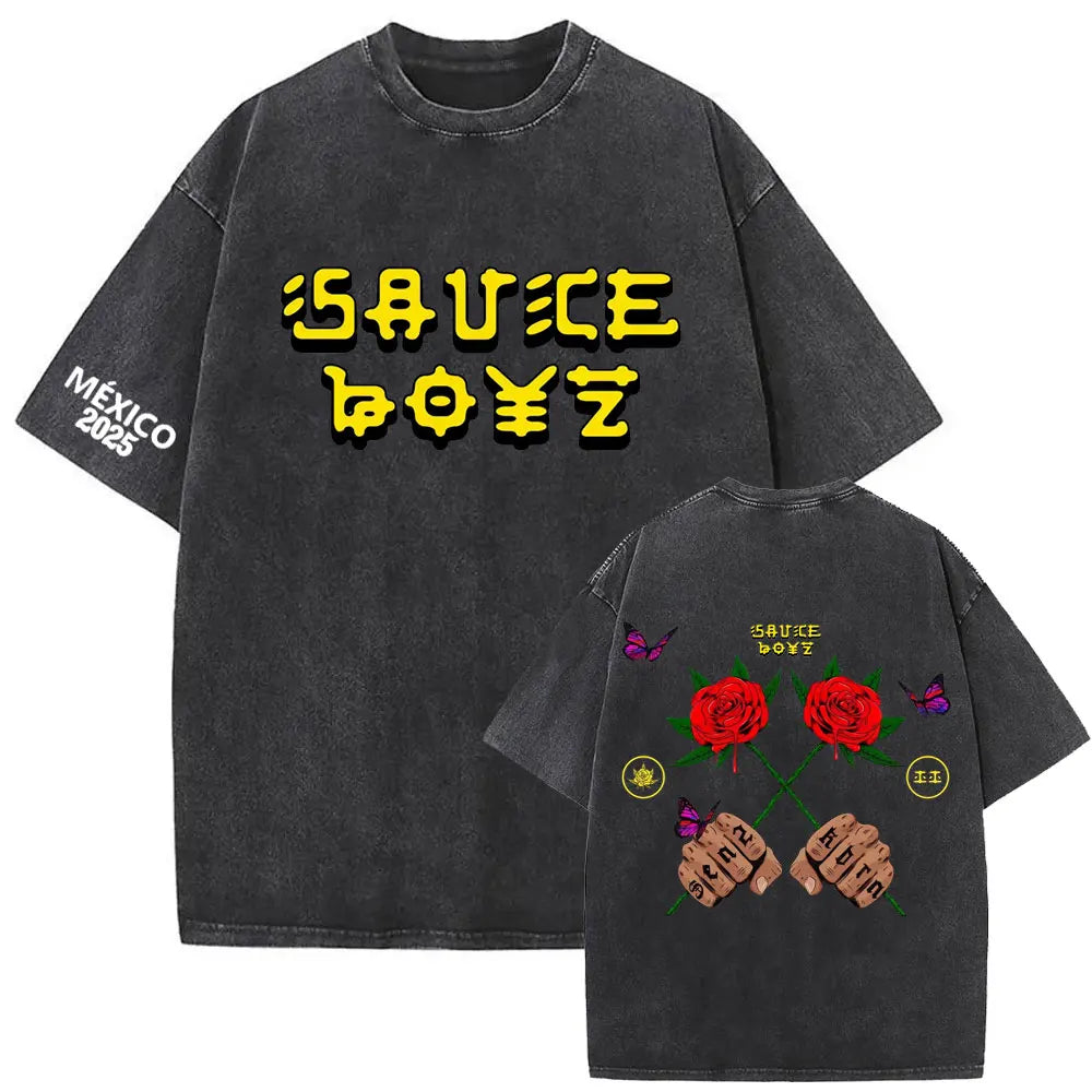 Eladio Carrión Sauce Boyz México 2025 T-Shirt – Yellow Logo & Knuckles Rose (Black)