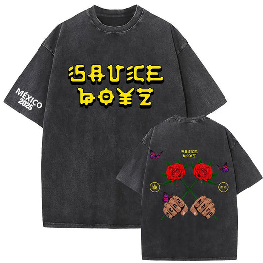 Eladio Carrión Sauce Boyz México 2025 T-Shirt – Yellow Logo & Knuckles Rose (Black)