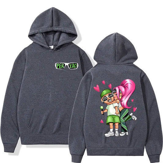 Feid & Karol G “Ferxxo Couple Cartoon” Hoodie – Dark Grey