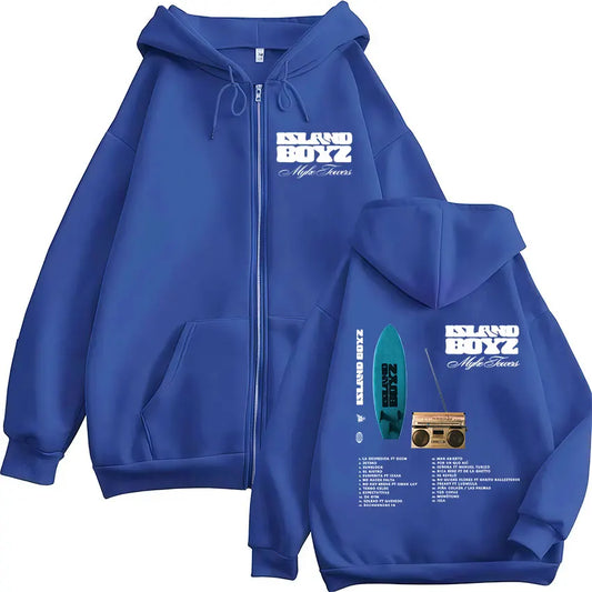 Myke Towers “Island Boyz” Album Zipper Hoodie – Blue