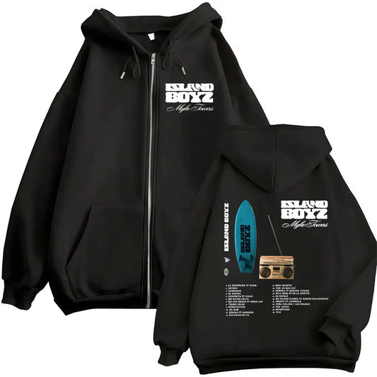 Myke Towers “Island Boyz” Album Zipper Hoodie – Black