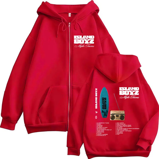 Myke Towers “Island Boyz” Album Zipper Hoodie – Red