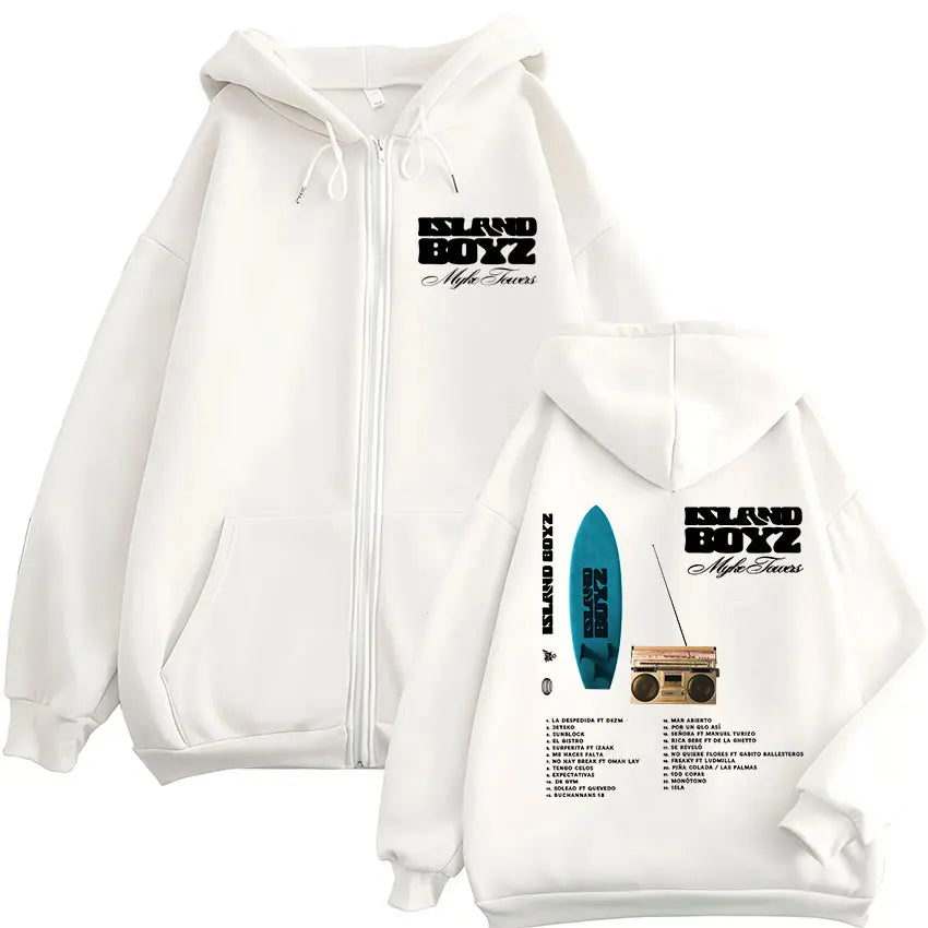 Myke Towers “Island Boyz” Album Zipper Hoodie – White