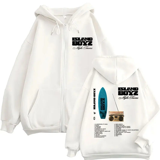 Myke Towers “Island Boyz” Album Zipper Hoodie – White