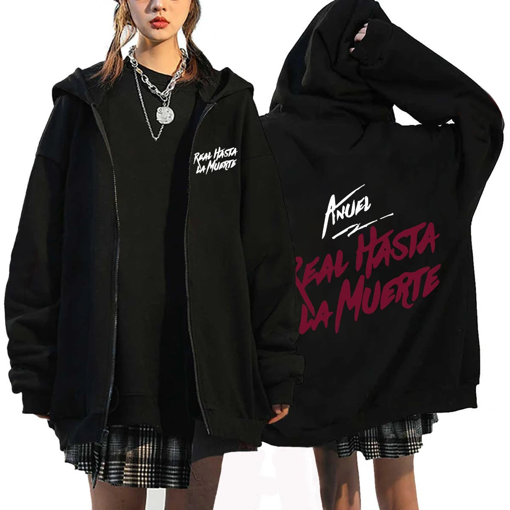 Anuel AA Real Hasta La Muerte Zipper Hoodie – Black