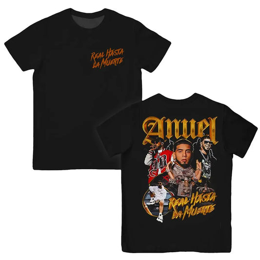 Anuel AA “Real Hasta La Muerte” Gold Graphic T-Shirt – Black