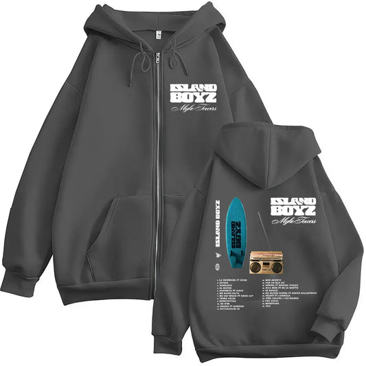Myke Towers “Island Boyz” Album Zipper Hoodie – Dark Grey